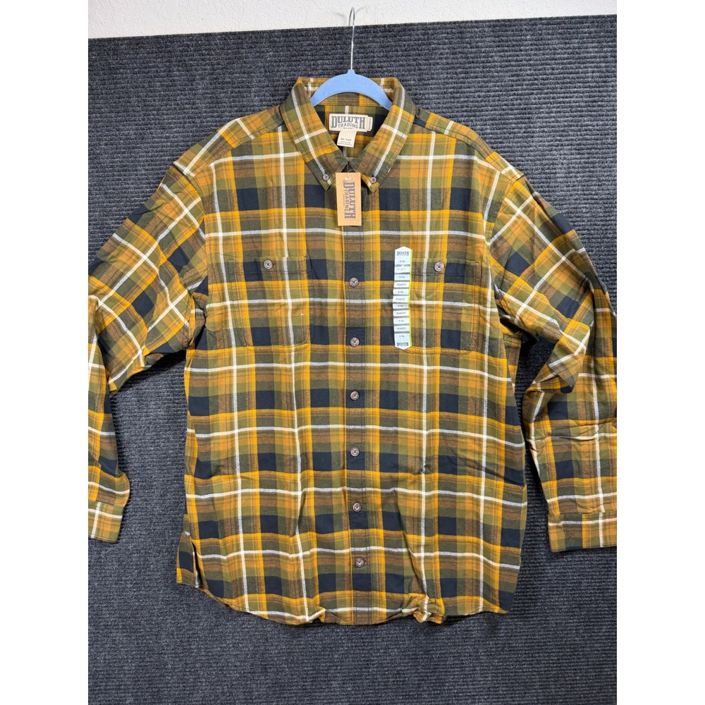 Duluth Trading Co Mens XL Tall Free Swingin Flannel Shirt Yellow Green Plaid NEW